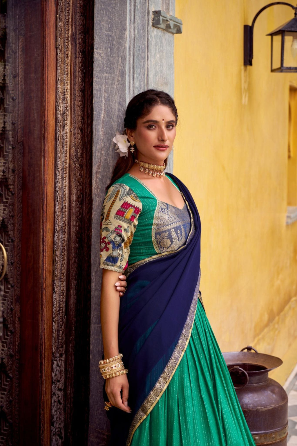 Poly Chanderi Kalamkari Printed Zari Weaving Work Premium Lehenga Choli - ETHNICDEAL
