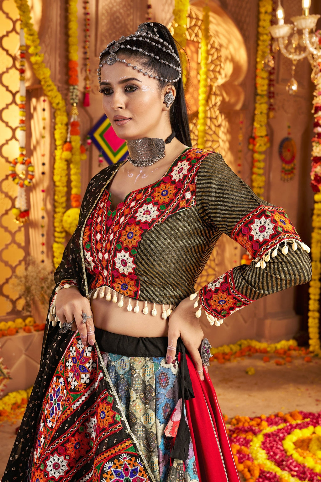 Navratri Designer Viscose Rayon Stylish Thread Embroidered With Mirror Work Festive Lehenga Choli - ETHNICDEAL