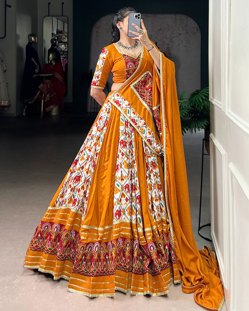 Mustard Pure Rayon Printed Silk Navratri Lehenga Choli for Women - ETHNICDEAL