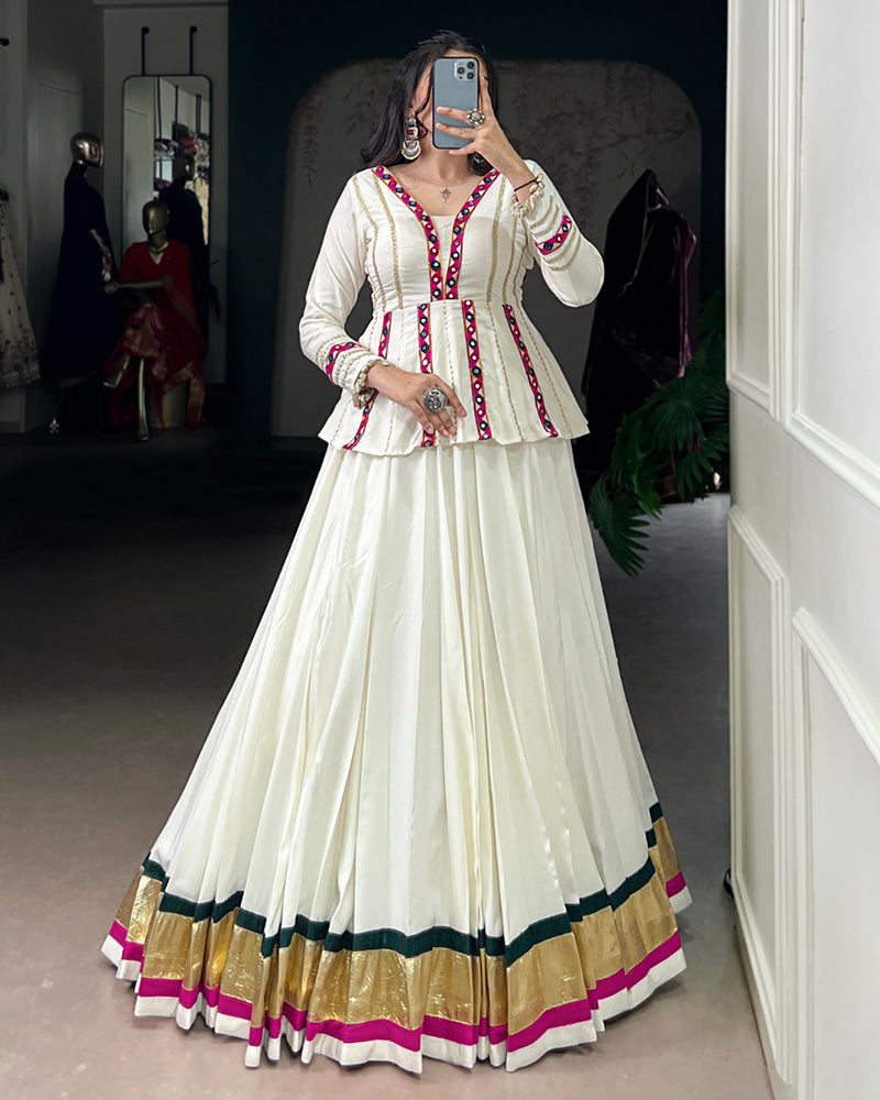 White Pure Rayon Embossed Navratri Lehenga Choli for Women - ETHNICDEAL