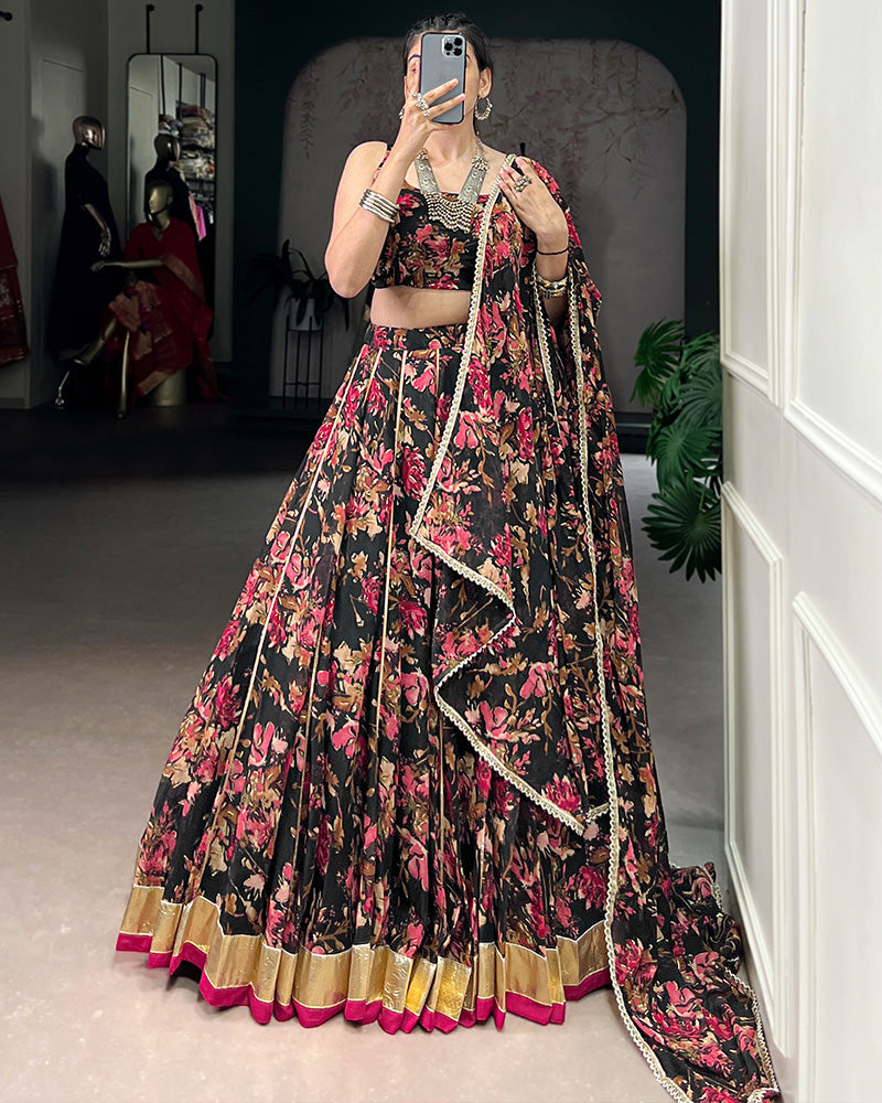 Exquisite Black Color Chiffon Digital Printed Lehenga Choli - ETHNICDEAL