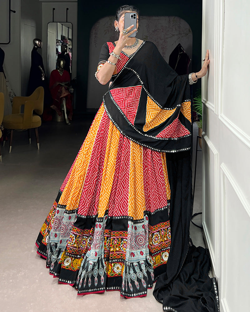 Red And Yellow Bandhej And Ajarakh Print Rayon Navratri Lehenga Choli - ETHNICDEAL