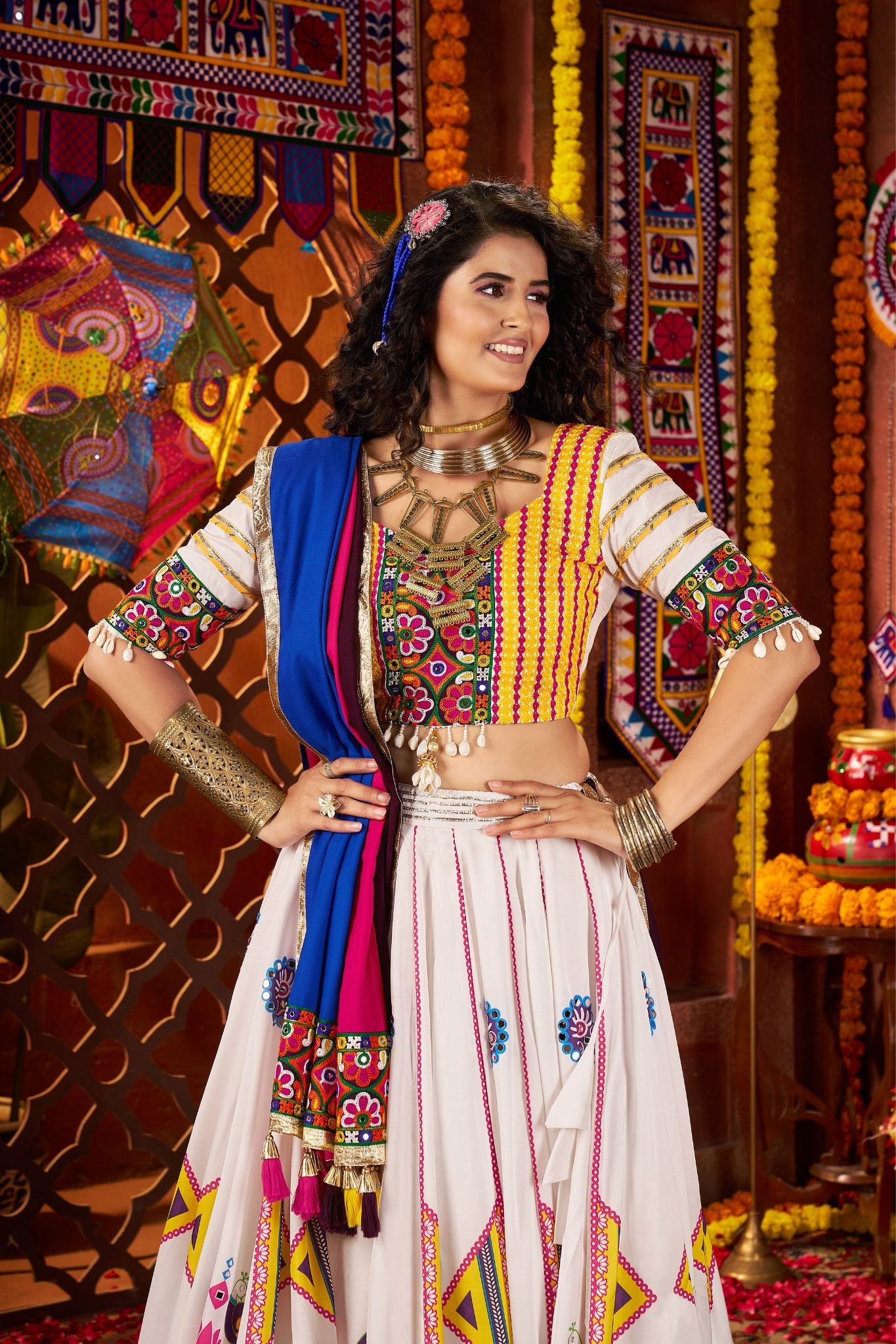 Designer White Navratri Lehenga Choli With Mirror And Hand Embroidery Work - ETHNICDEAL