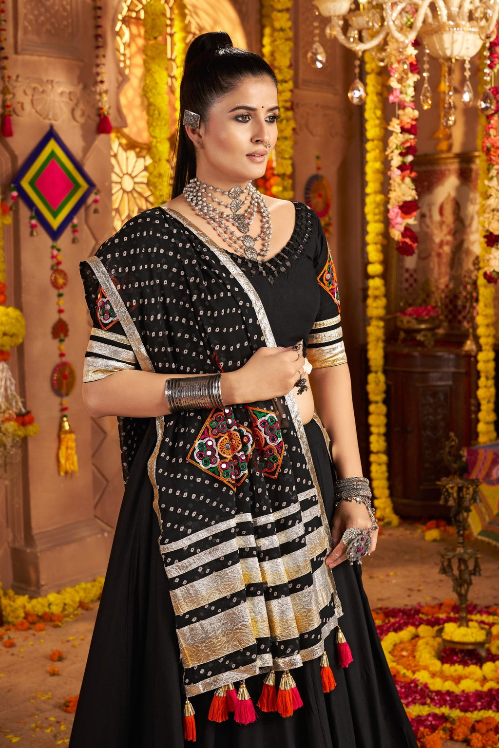 Navratri crafted Designer Viscose Rayon Tread Embroidered With Mirror Work Black Readymade Lehenga Choli - ETHNICDEAL