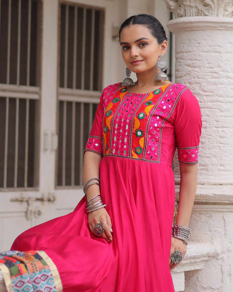 Colorful Border Pink Color Roman Silk Gamthi Work Navratri Gown - ETHNICDEAL