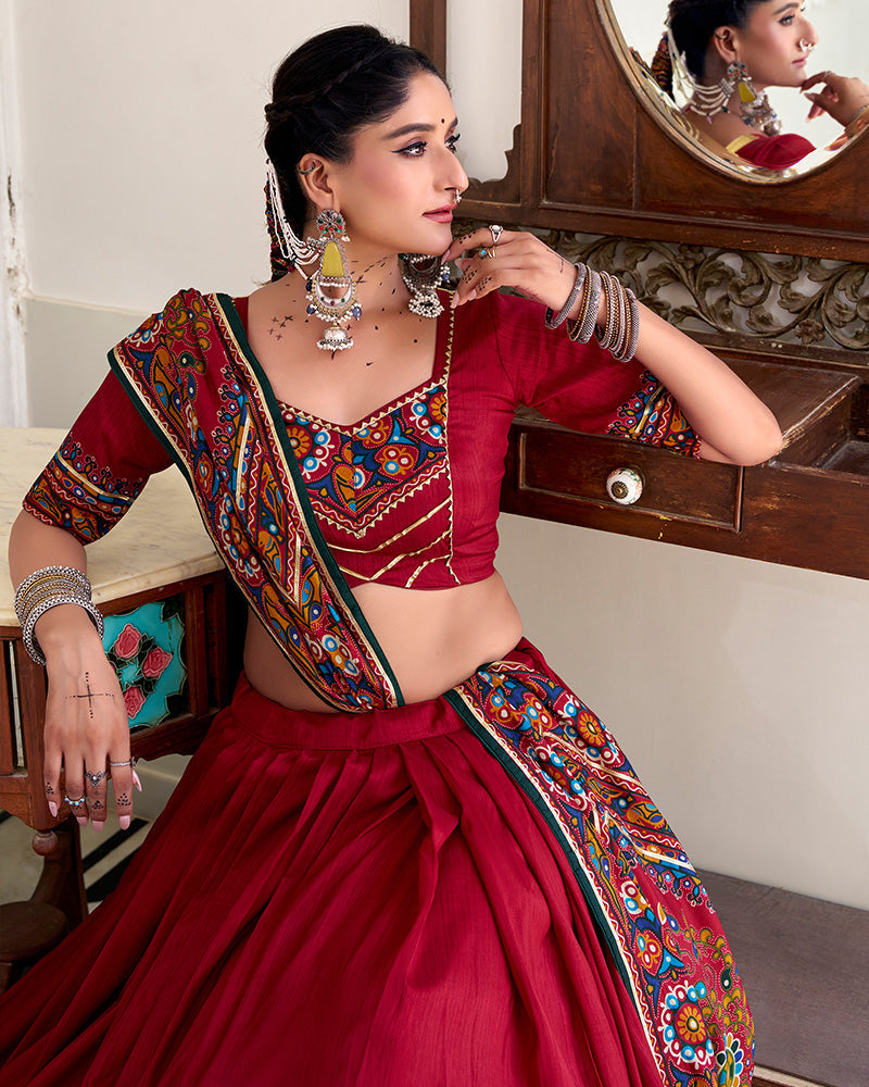 Designer Red Tussar Silk Full Stitched Lehenga Choli for Navratri Festival - ETHNICDEAL