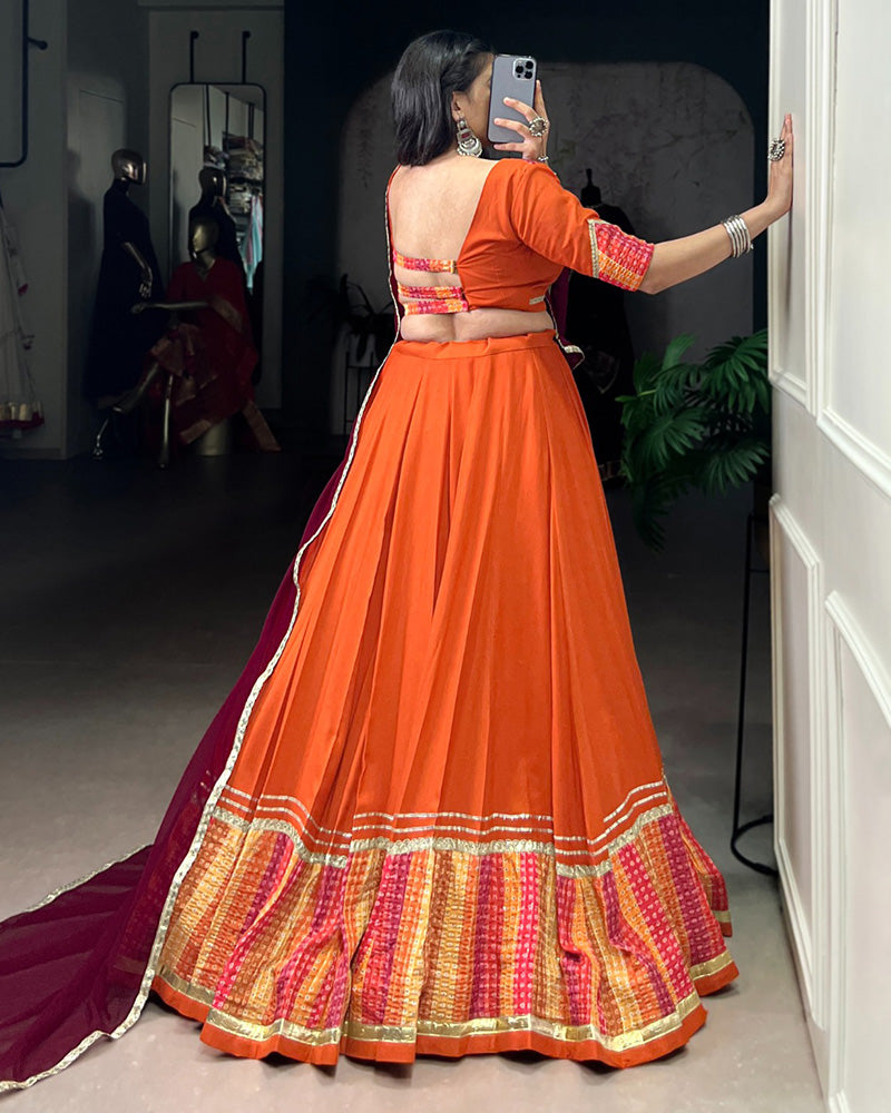 Orange Color Rayon Bnahdej Print Navratri Lehenga Choli - ETHNICDEAL