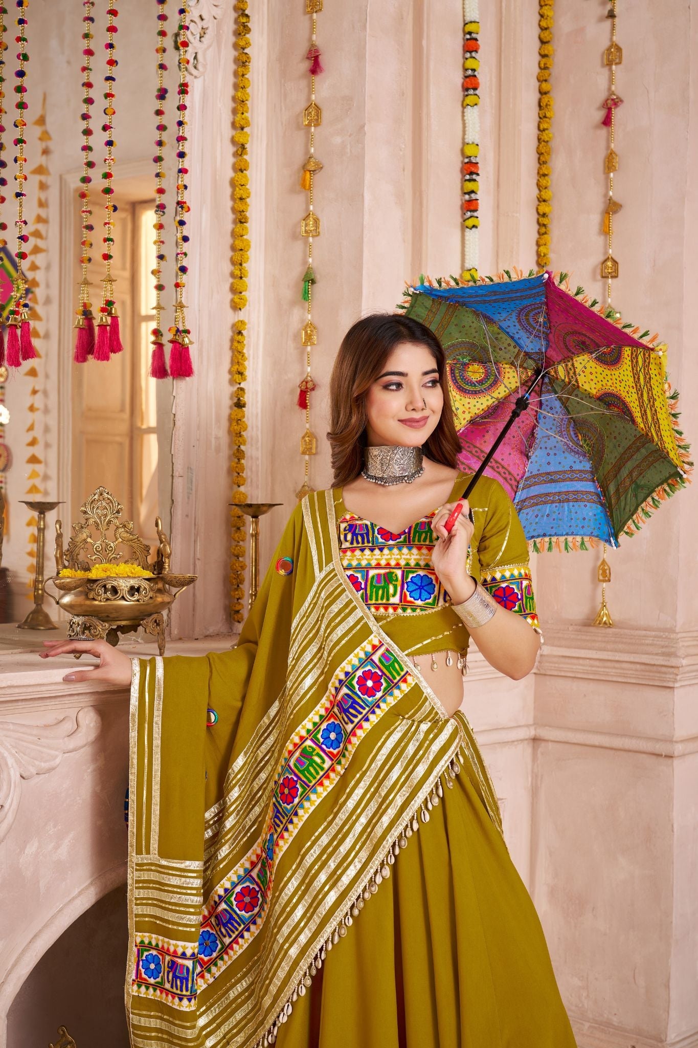 Designer Navratri Lehenga Choli With Mirror And Thread Work Dupatta - ETHNICDEAL