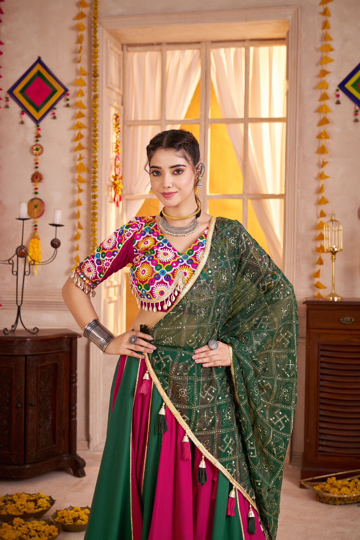 Multi Color Viscose Cotton Traditional Designer Navratri Lehenga Choli - ETHNICDEAL