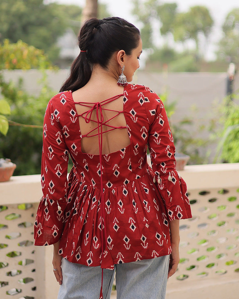 Designer Maroon Cotton Printed Kediya for Navratri Festival - ETHNICDEAL