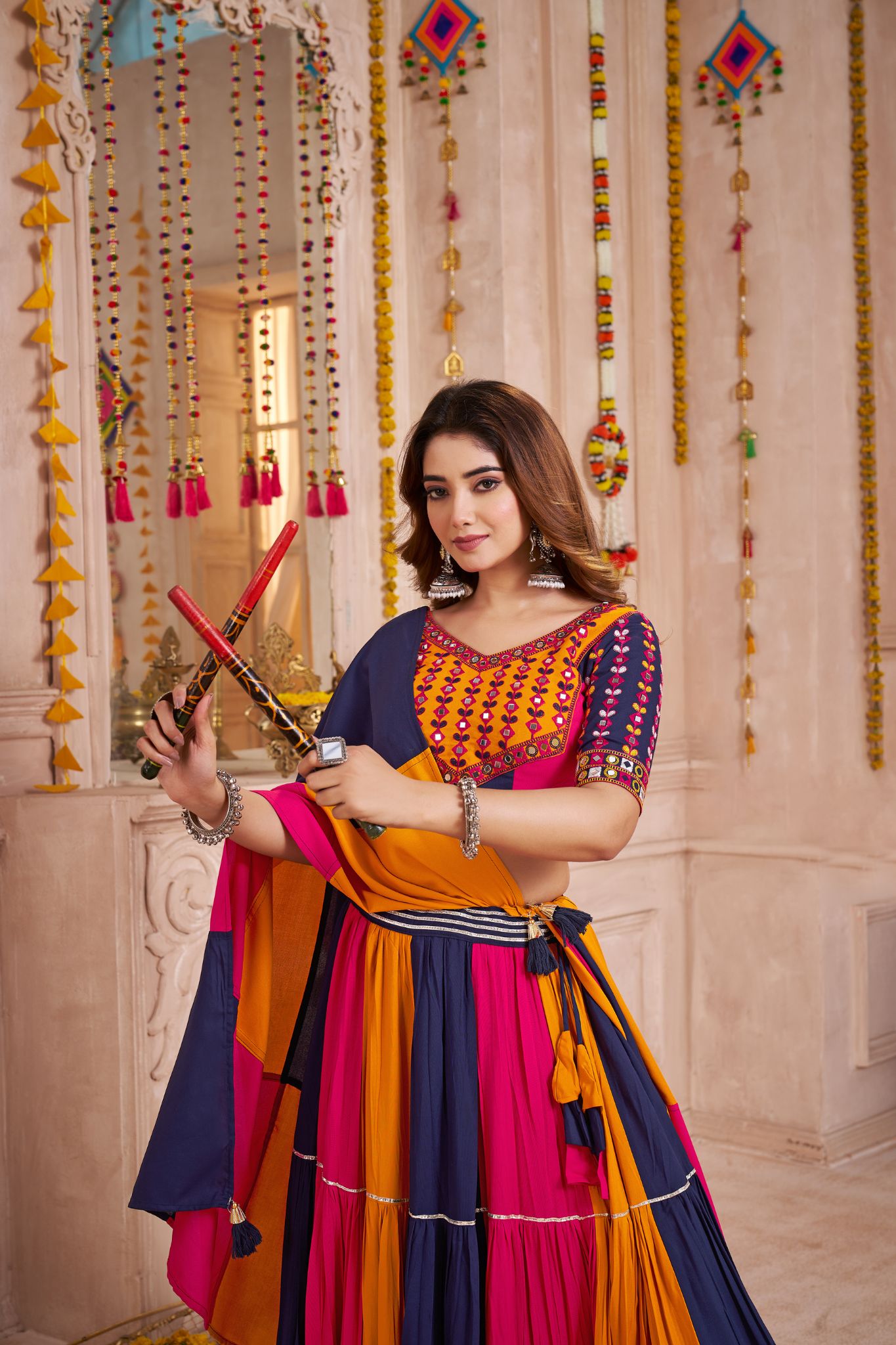 Beautiful Colorful Crafted Viscose Cotton Graceful Twirl Navratri Lehenga Choli - ETHNICDEAL
