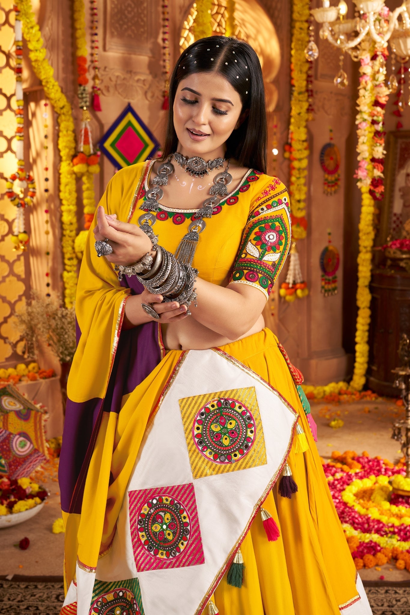 Mustard Yellow Viscose Cotton Traditional Designer Navratri Lehenga Choli - ETHNICDEAL