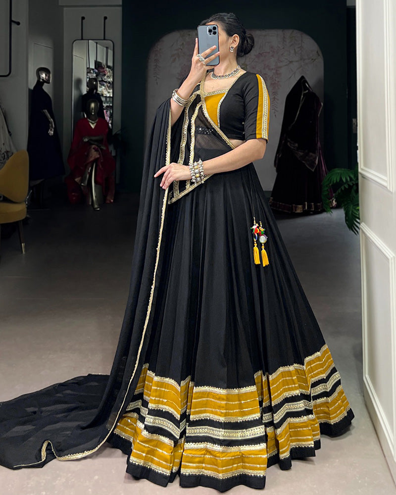 Black and Mustard Navratri Flared Navratri Lehenga Choli Set - ETHNICDEAL