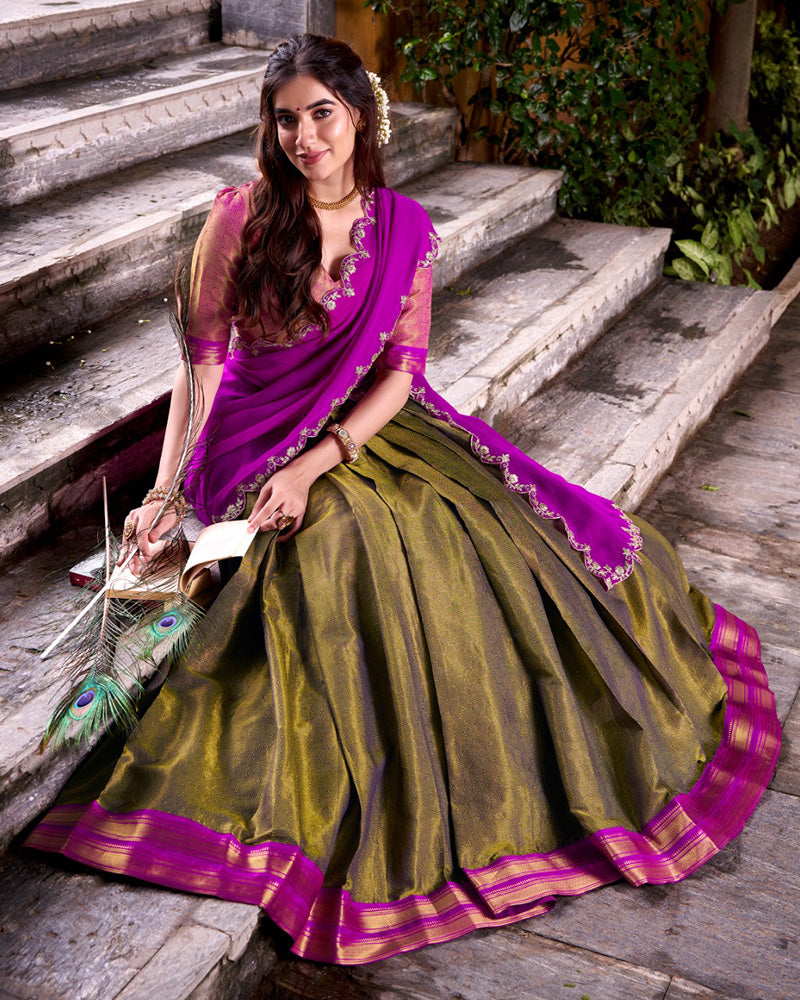 Traditional Mehndi Color Kanchipuram Zari Weaving Lehenga Choli for Wedding and Festive Wear - ETHNICDEAL