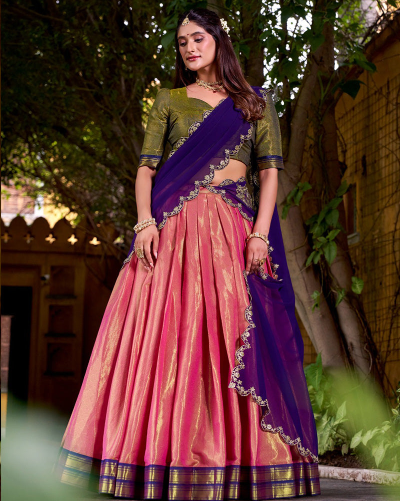 Designer Orange Kanchipuram Zari Weaving Silk Lehenga Choli for Women - ETHNICDEAL