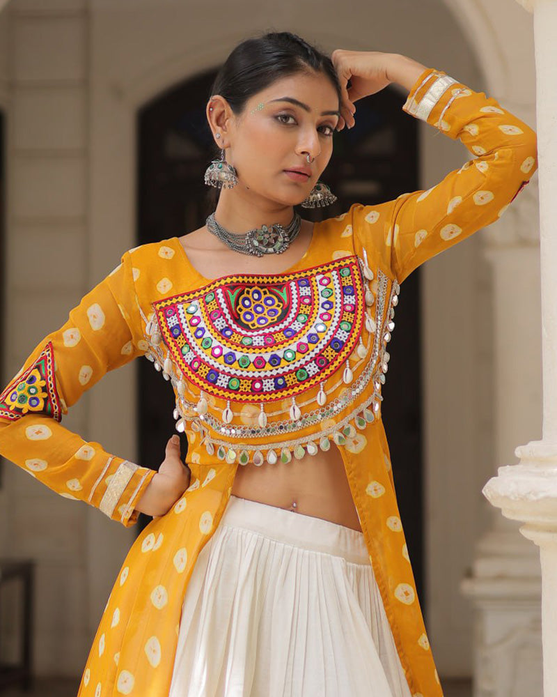 Designer Yellow Bandhani Print Kurti with Cotton Lehenga For Festive Wear - ETHNICDEAL