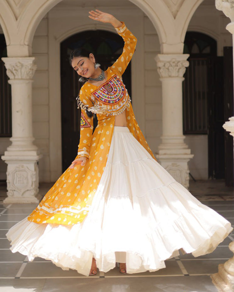 Designer Yellow Bandhani Print Kurti with Cotton Lehenga For Festive Wear - ETHNICDEAL