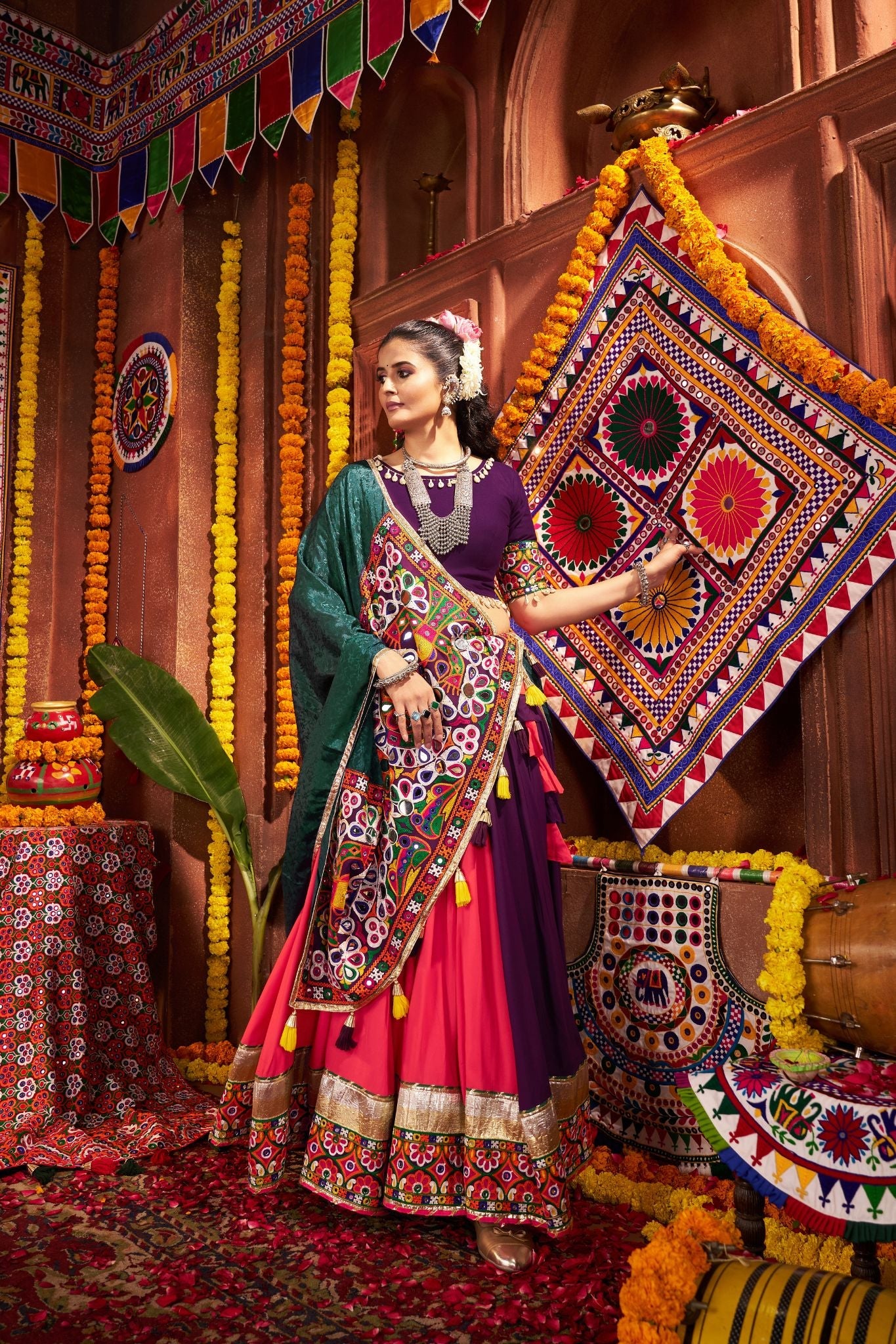 Multi Color Traditional Navratri Lehenga Choli With Mirror And Lampi Work - ETHNICDEAL