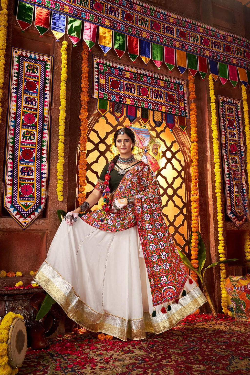 Beautiful White Designer Silk Navratri Special Lehenga Choli Set - ETHNICDEAL