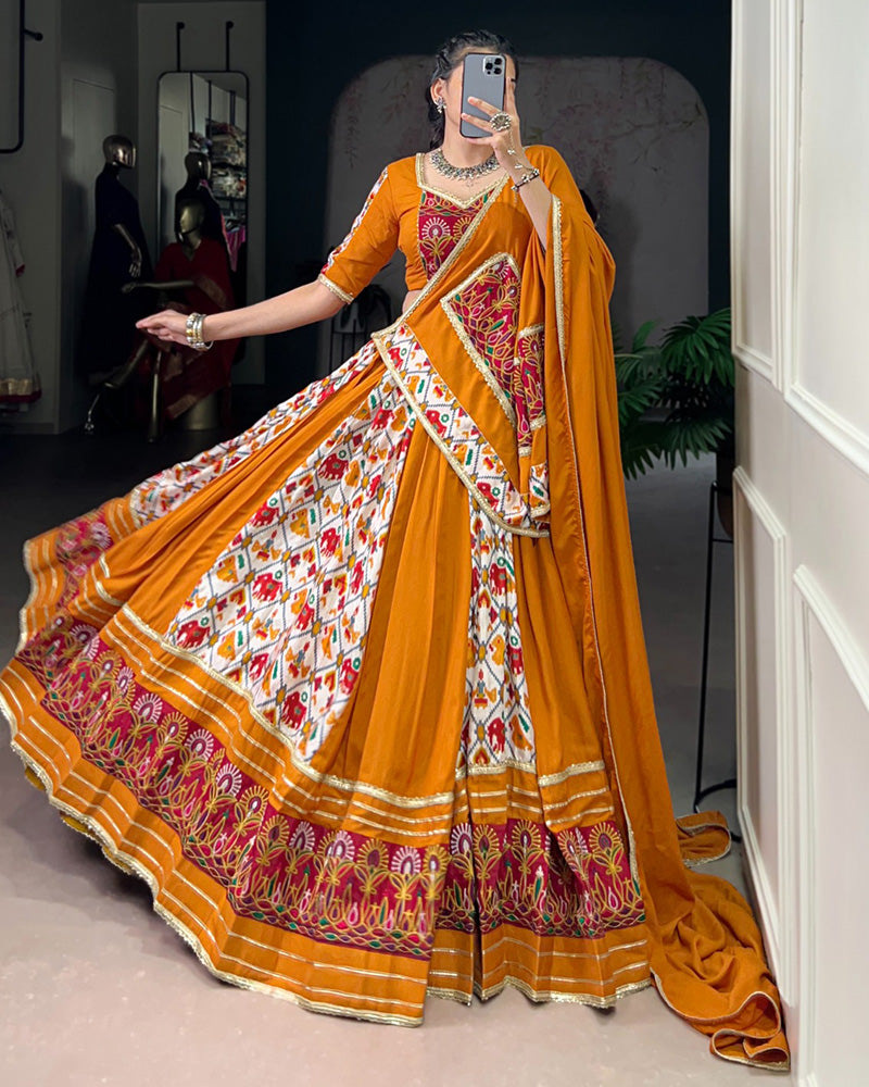 Mustard Pure Rayon Printed Silk Navratri Lehenga Choli for Women - ETHNICDEAL