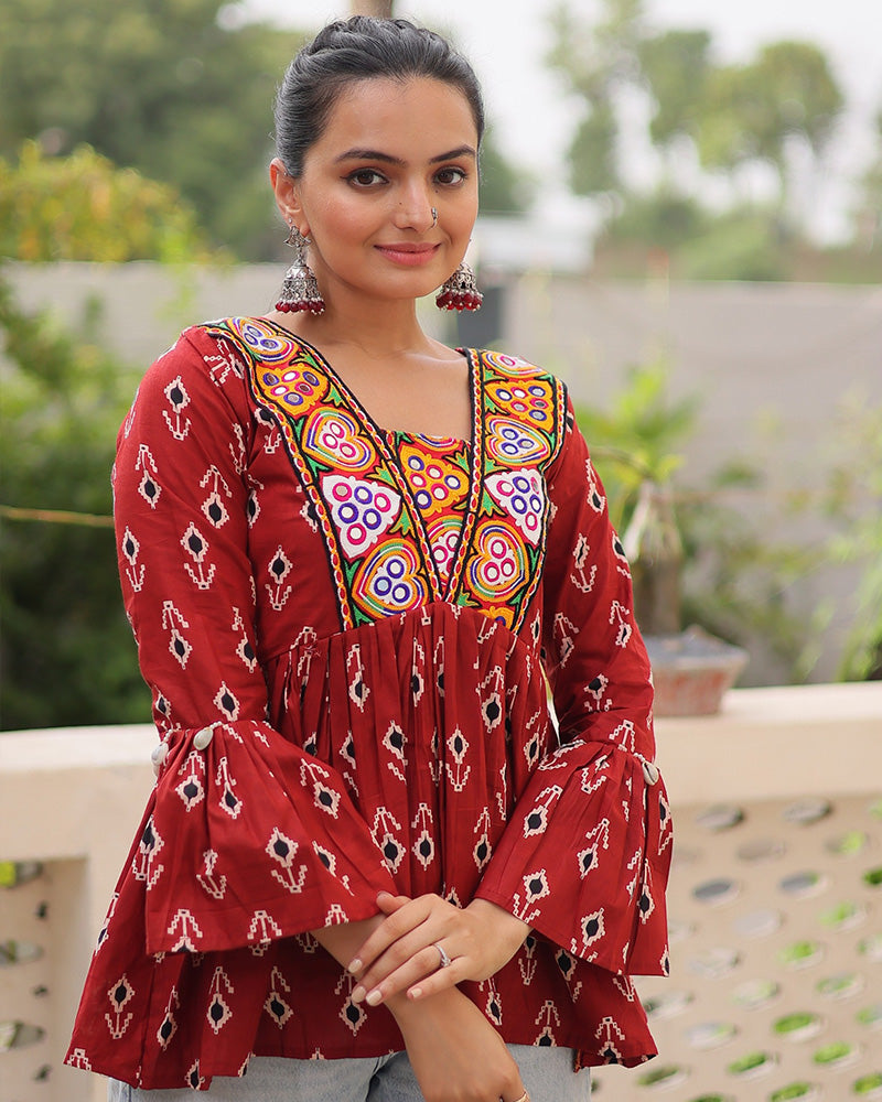 Designer Maroon Cotton Printed Kediya for Navratri Festival - ETHNICDEAL