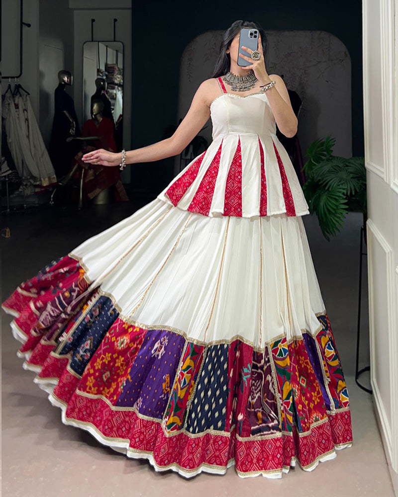 Graceful White Navratri Lehenga Choli With Traditional Prints - ETHNICDEAL