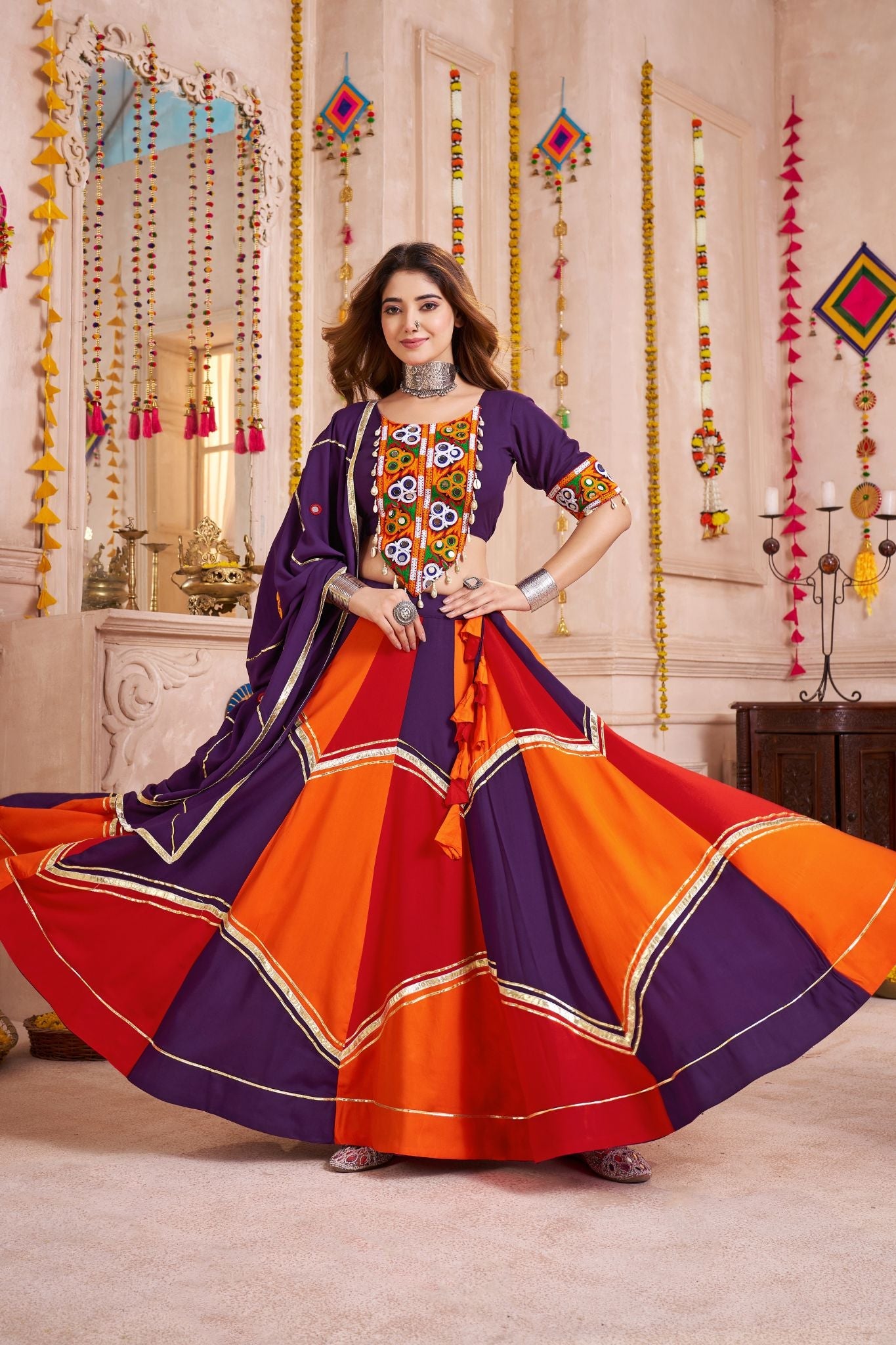 Designer Navratri Lehenga Choli With Handmade Ribbon And Mirror Work Dupatta - ETHNICDEAL