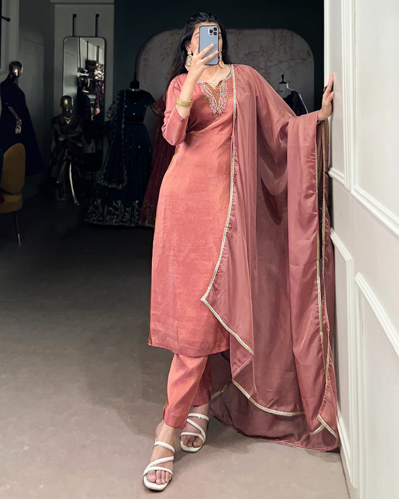 Peach Color Viscose Tissue Three Piece Kurti Suit - ETHNICDEAL
