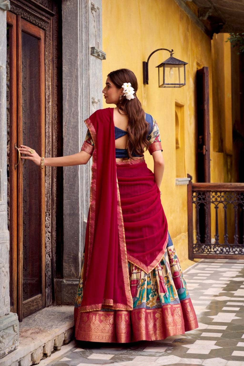 Poly Chanderi Kalamkari Printed Zari Weaving Work Premium Lehenga Choli - ETHNICDEAL