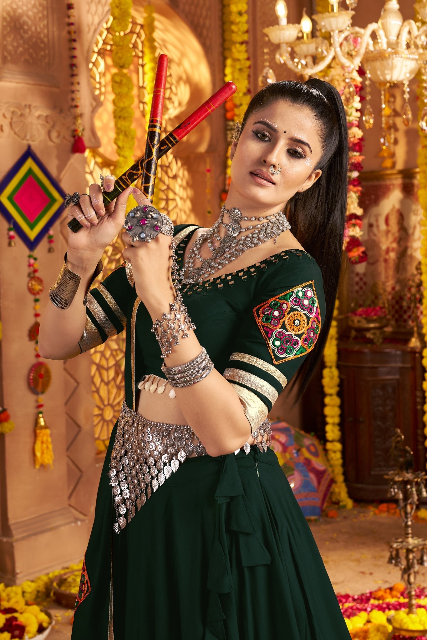 Green Thread Embroidered With Hand Mirror Work Navratri Festive Readymade Lehenga Choli - ETHNICDEAL