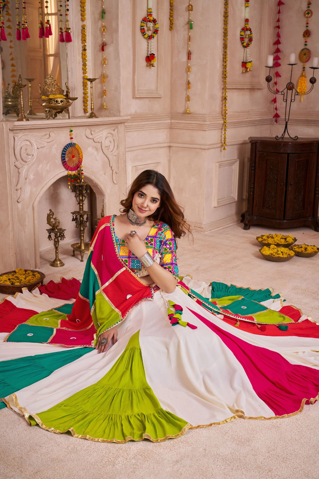 Classic Navratri Lehenga Choli With Handmade Multicolor Patchwork Dupatta - ETHNICDEAL