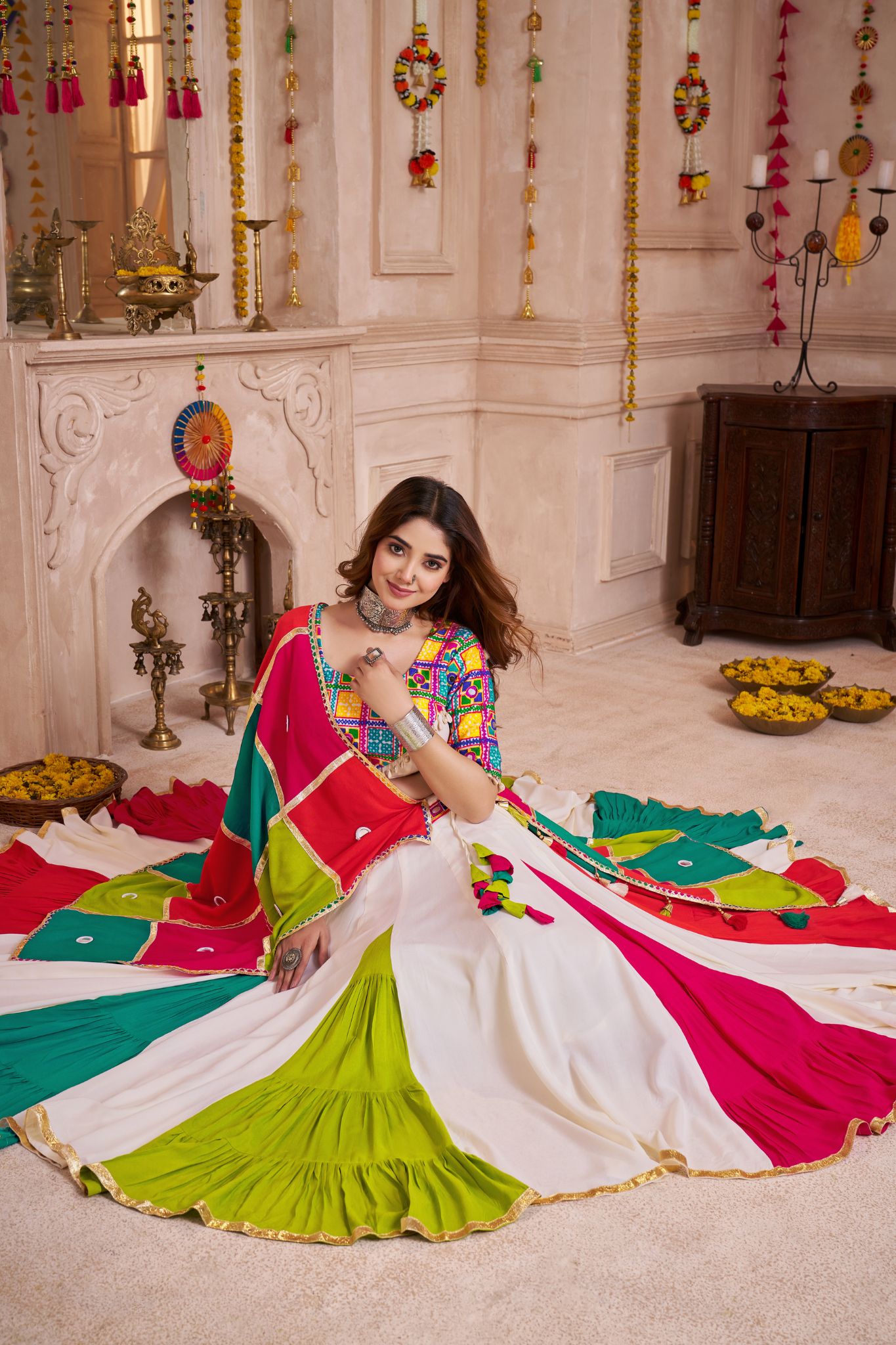 Classic Navratri Lehenga Choli With Handmade Multicolor Patchwork Dupatta - ETHNICDEAL