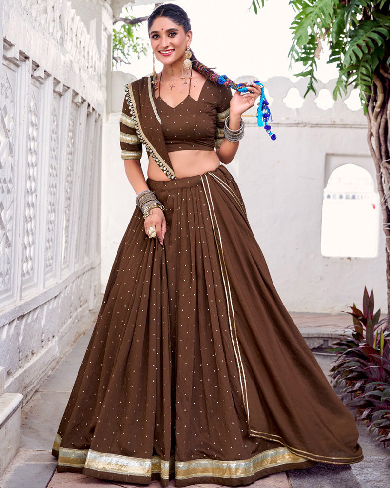 Festive Brown Pure Chanderi Lehenga Choli for Garba and Navratri - ETHNICDEAL