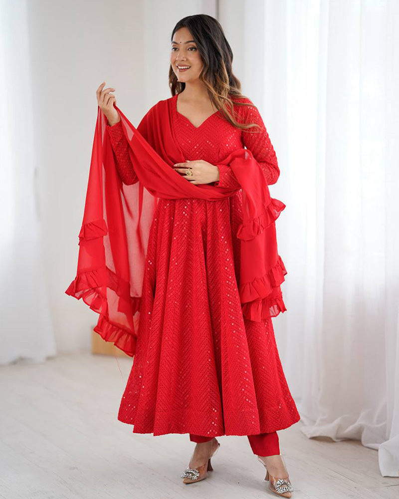 Red Color Georgette Lucknowi Three Piece Anarkali Suit - ETHNICDEAL