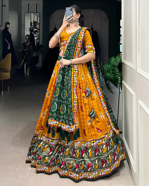 Mustard Color Tussar Silk Patola Printed Navratri Lehenga Choli - ETHNICDEAL