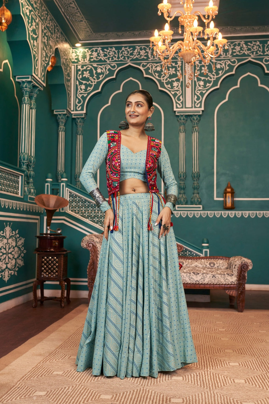 Pista Green Navratri Designer Viscose Rayon Readymade Lehenga Choli - ETHNICDEAL