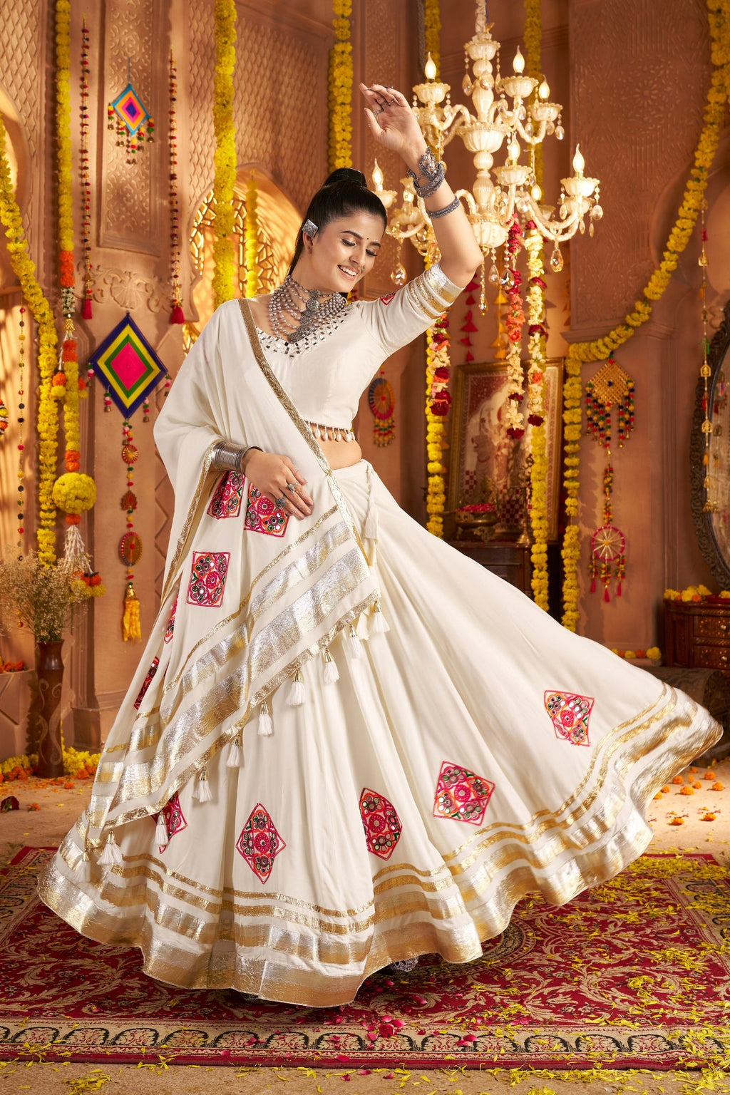 White Navratri Stunning Hand Mirror Work With Tread Embroidered Traditional Readymade Lehenga Choli - ETHNICDEAL