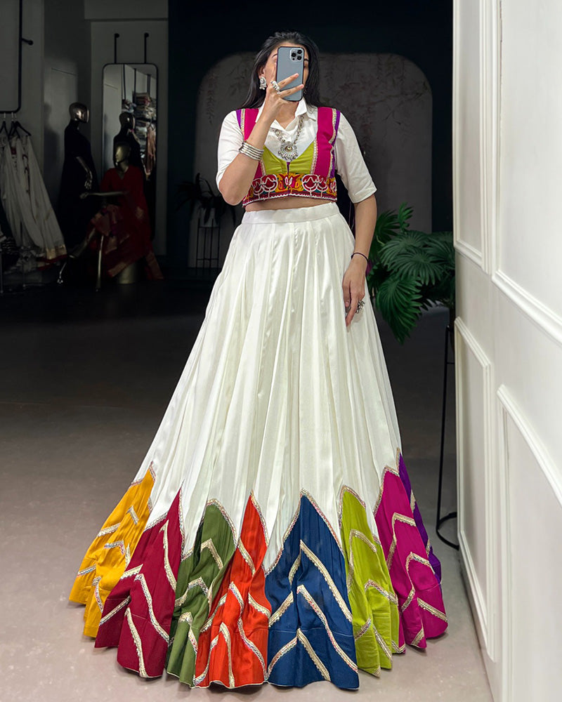 White Rayon Navratri Lehenga Choli WIth Multicolor Border - ETHNICDEAL