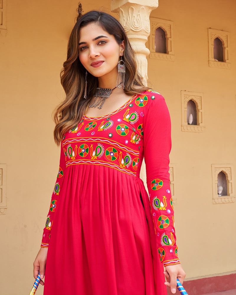 Designer Red Pure Rayon Embroidered Kurti for Navratri Festival - ETHNICDEAL