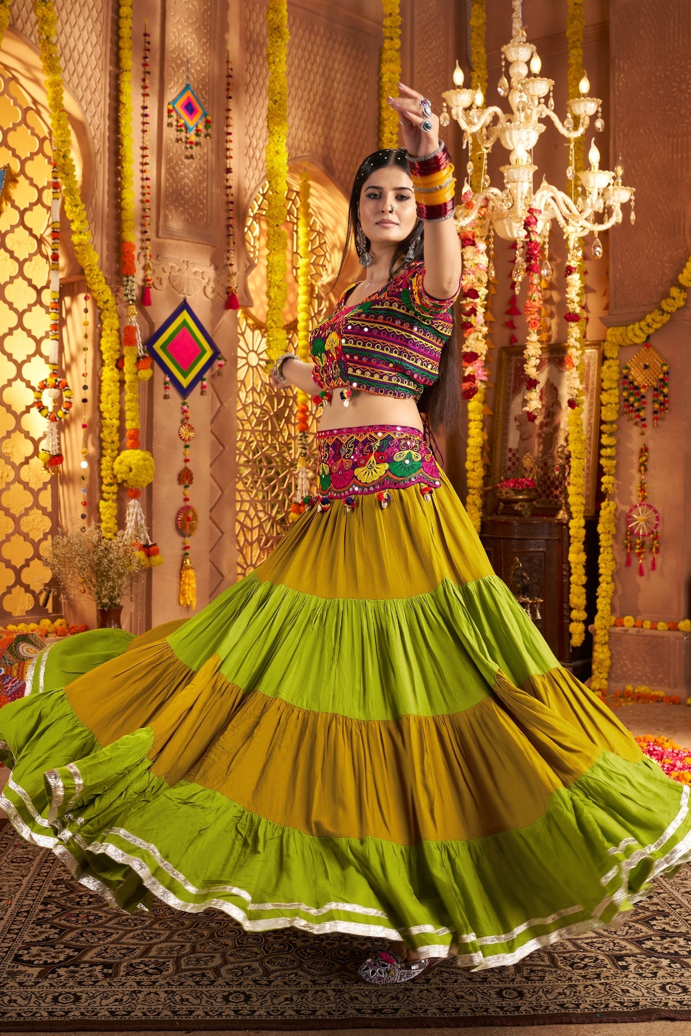 Designer Festive Spirit Viscose Cotton Multi Tread With Mirror Work Traditional Navratri Lehenga Choli - ETHNICDEAL