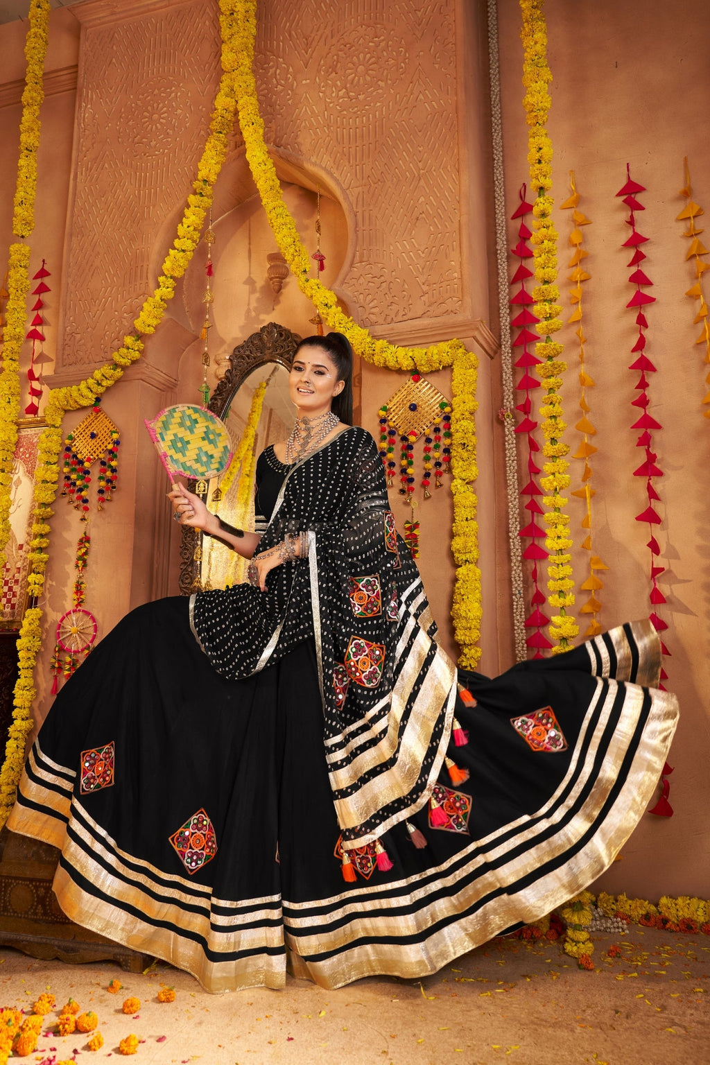 Navratri crafted Designer Viscose Rayon Tread Embroidered With Mirror Work Black Readymade Lehenga Choli - ETHNICDEAL