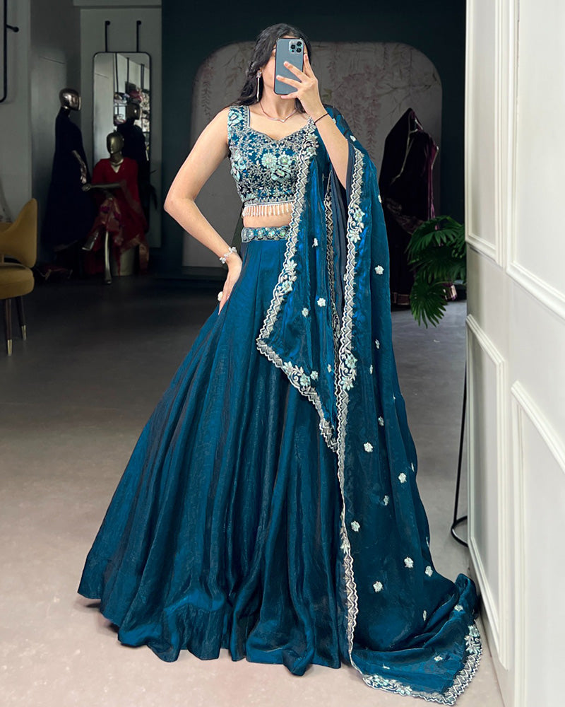 Festive Peacock Color Fendi Silk Embroidered Lehenga Choli - ETHNICDEAL