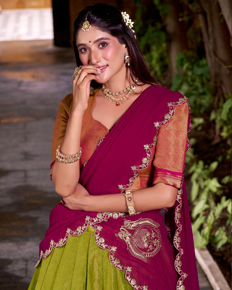 Designer Parrot Green Kanchipuram Zari Weaving Lehenga Choli for Women - ETHNICDEAL