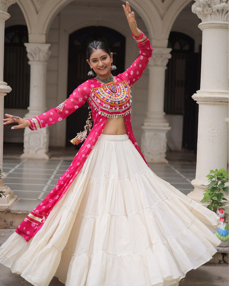 Pink Bandhani Print Kurti with Kora Cotton Lehenga for Women - ETHNICDEAL