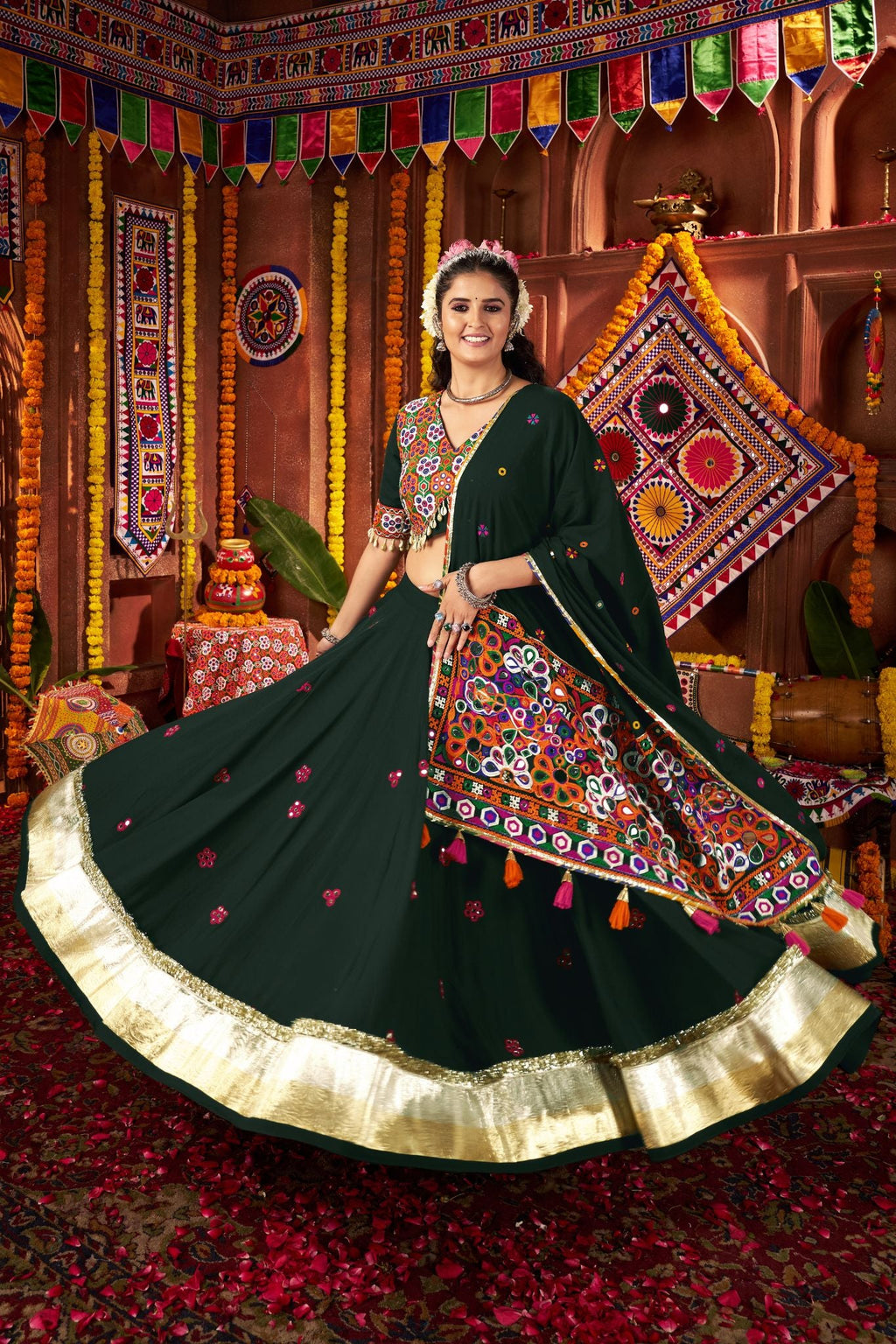 Premium Designer Green Viscose Cotton Thread With Mirror Work Navratri Lehenga Choli - ETHNICDEAL
