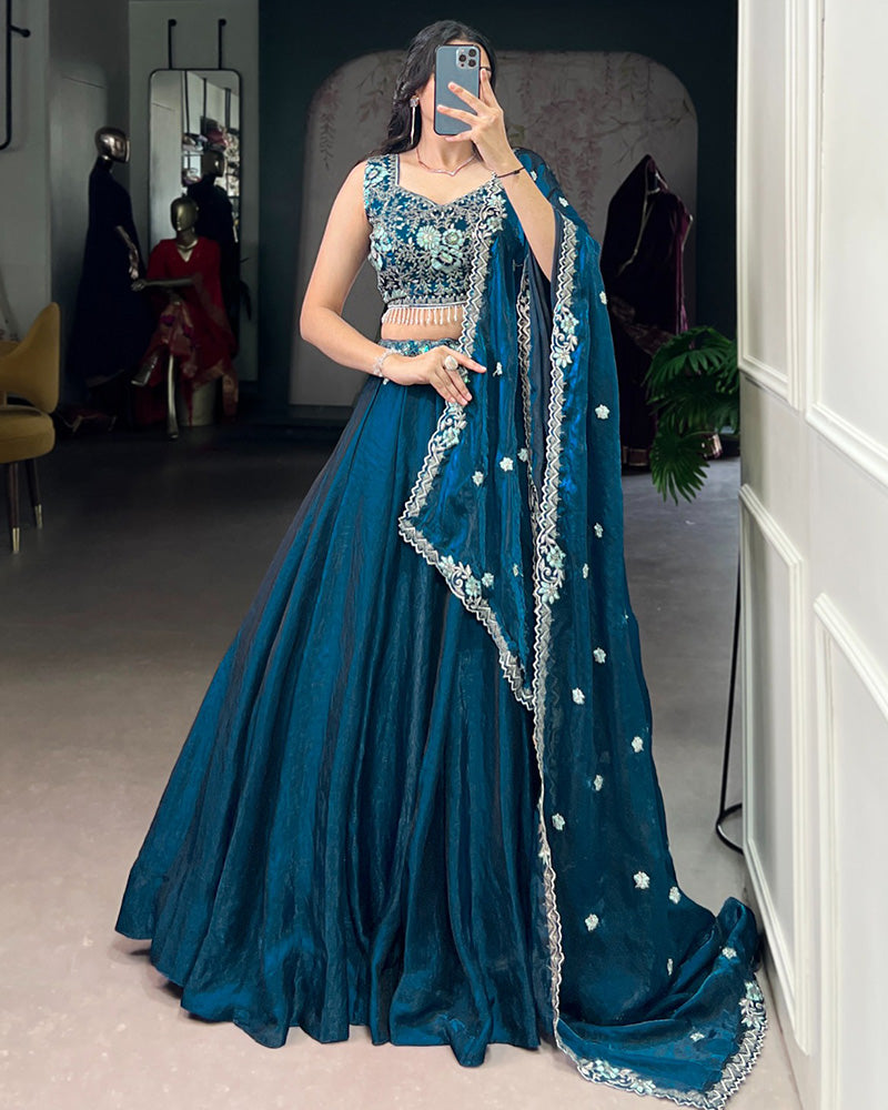 Festive Peacock Color Fendi Silk Embroidered Lehenga Choli - ETHNICDEAL