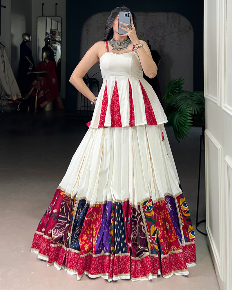 Graceful White Navratri Lehenga Choli With Traditional Prints - ETHNICDEAL