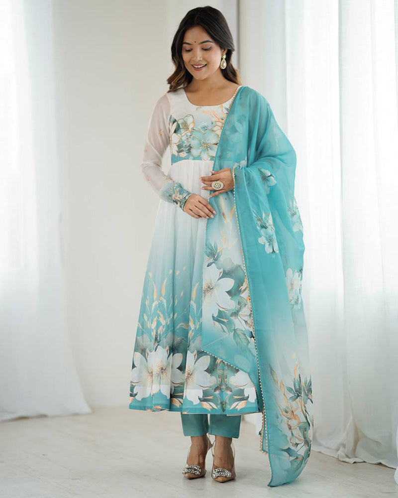 Aqua Blue Organza Anarkali Suit with Floral Print & Dupatta - ETHNICDEAL