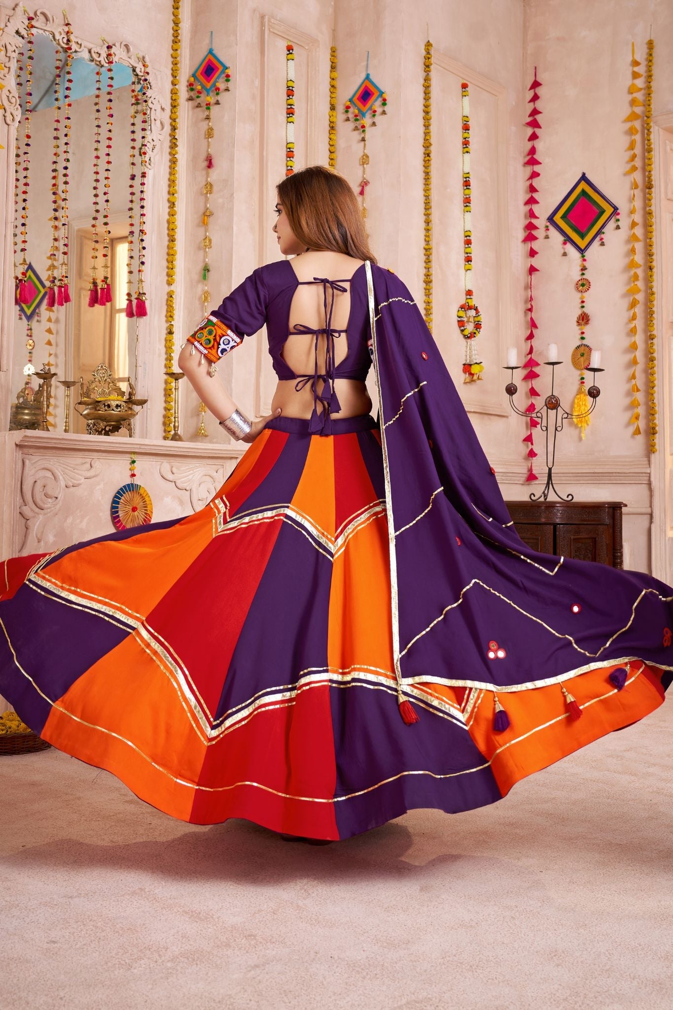 Designer Navratri Lehenga Choli With Handmade Ribbon And Mirror Work Dupatta - ETHNICDEAL