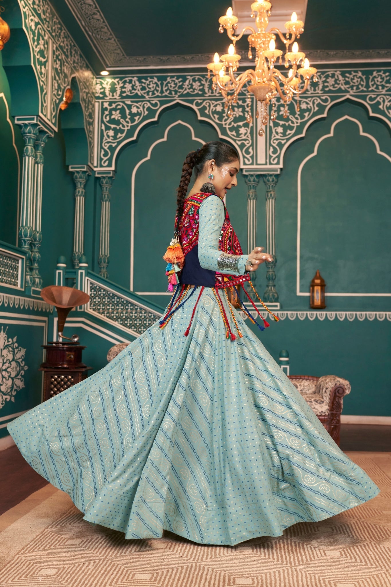 Pista Green Navratri Designer Viscose Rayon Readymade Lehenga Choli - ETHNICDEAL